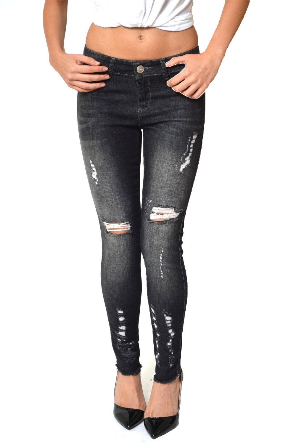 Blugi dama skinny gri inchis cu taieturi